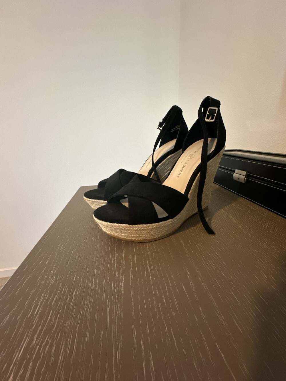 Chinese Laundry Black Crisscross Ankle Strap Espadrille Wedge Sandals